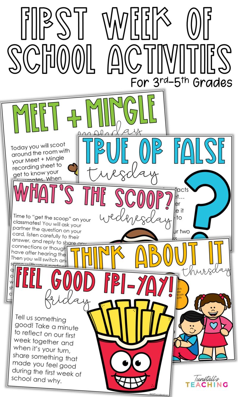 Grades 3–5 morning meeting activities for the first week of school featuring Meet and Mingle, True or False Tuesday, What’s the Scoop, classroom community, and Friday reflection.