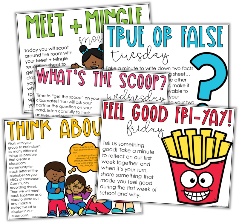 First week of school activities for grades 3–5 featuring Meet and Mingle, True or False Tuesday, What’s the Scoop, classroom community, and Feel Good Friday activities.