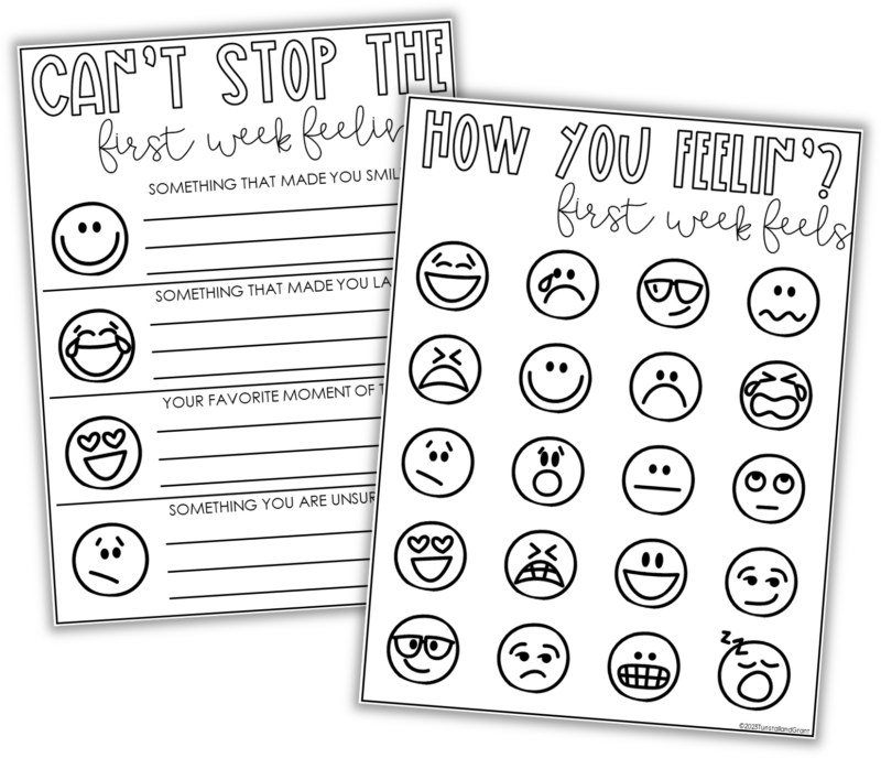 First week feelings activities for grades 3–5 with emoji reflection pages for students to write about emotions, favorite moments, laughter, and uncertainties.