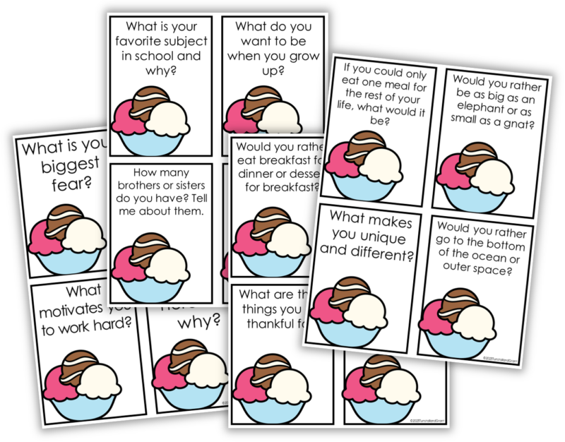 Upper elementary conversation cards for first week of school morning meetings with get-to-know-you questions, would-you-rather prompts, and student reflection topics.