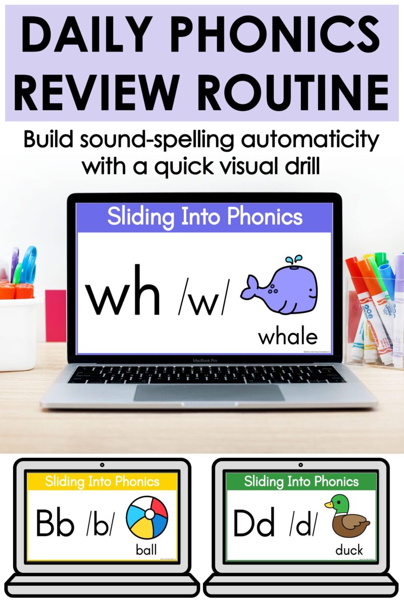 Daily phonics review routine using visual drill slides for letters, digraphs, and sound-spelling automaticity in K-2.