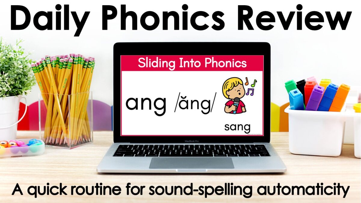 Daily phonics review visual showing a Sliding Into Phonics sound-spelling slide for “ang” with the keyword “sang.”