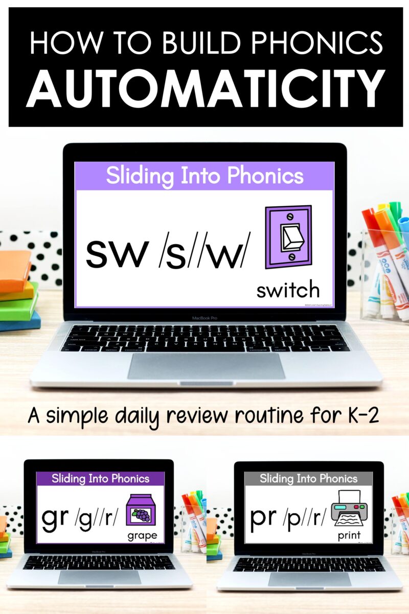 Daily phonics review routine for building automaticity with visual slides featuring consonant blends and sound-spelling connections.