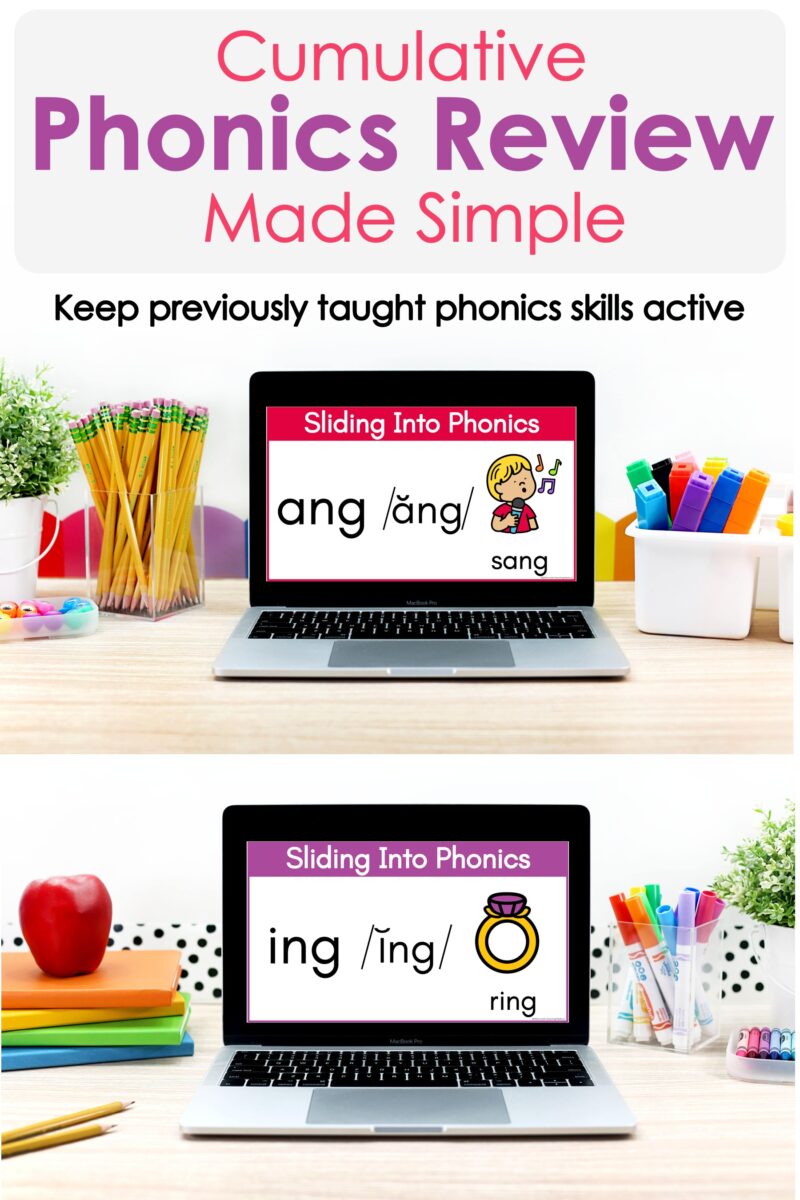 Cumulative phonics review using Sliding Into Phonics slides to revisit previously taught sound-spelling patterns.