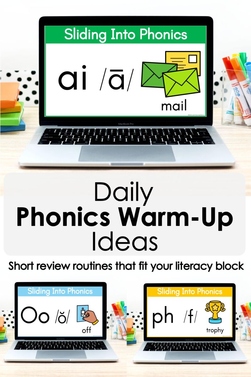 Daily phonics warm-up ideas using Sliding Into Phonics visual review slides for vowel patterns, digraphs, and blends.