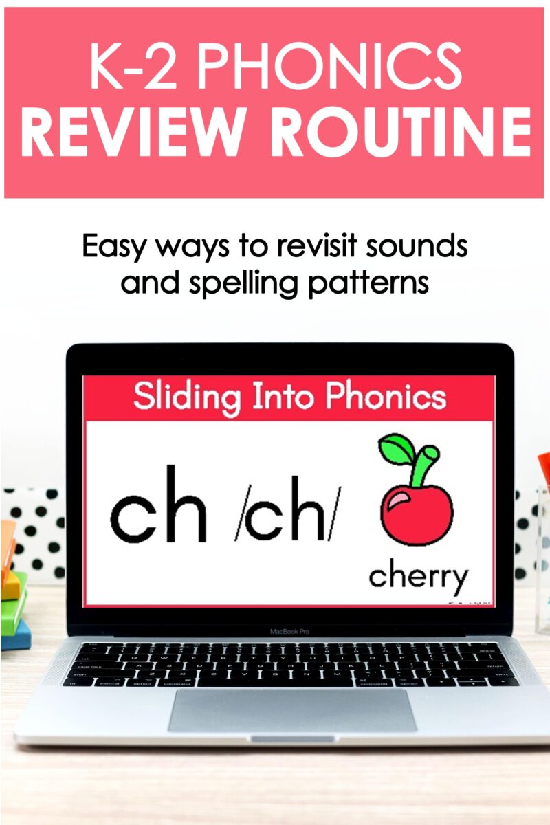 K-2 phonics review routine showing a Sliding Into Phonics digraph slide for practicing the ch sound and spelling pattern.