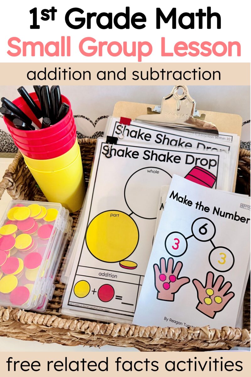 Shake Shake Drop small group math lesson with cups, two-color counters, a part-part-whole mat, and a number bond booklet.
