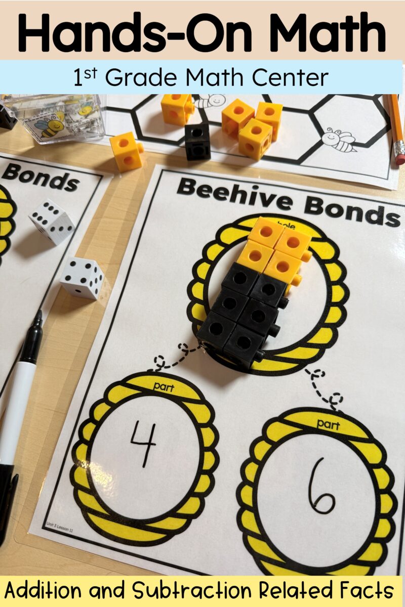 Beehive Bonds first grade math center using yellow and black linking cubes to model number bonds and record addition and subtraction facts.