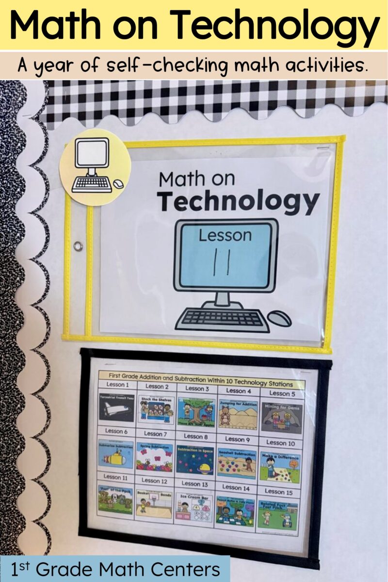 First grade math technology station with a Lesson 11 assignment sign and an illustrated menu of addition and subtraction games.