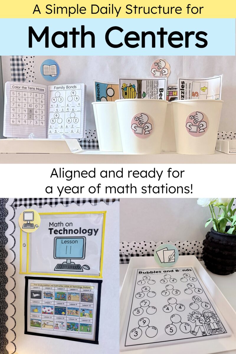 First grade math center collage showing Teacher Table materials above four student stations for addition and subtraction practice.