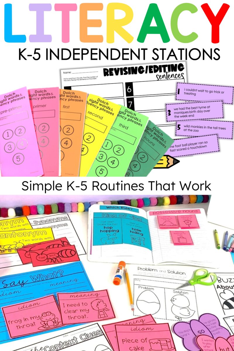 Independent literacy stations title over colorful elementary reading, phonics, and writing activities.