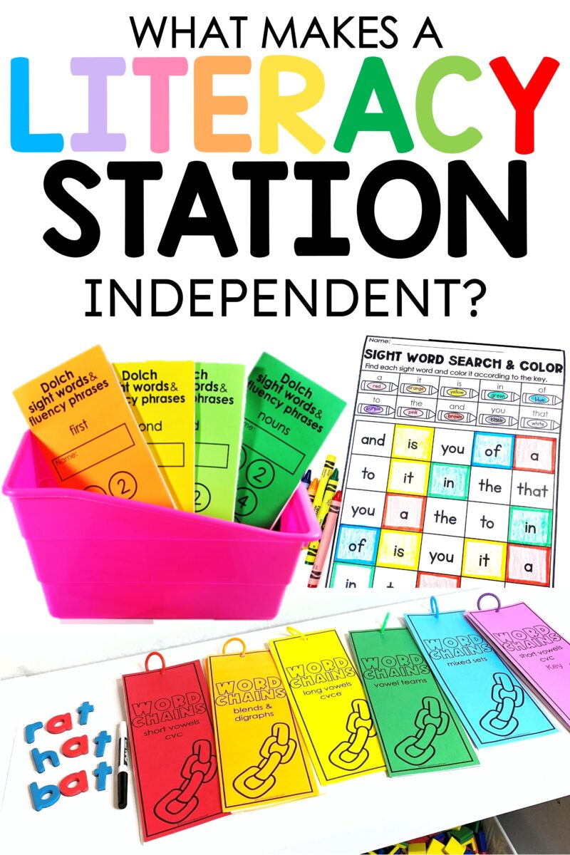 Independent literacy station examples with sight word practice, word chains, magnetic letters, and phonics activities.