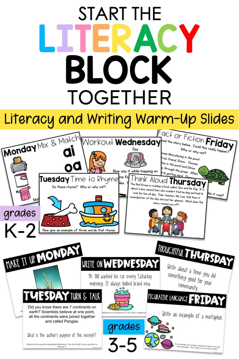K–5 literacy and writing warm-up slides with daily phonics, comprehension, discussion, and writing prompts.
