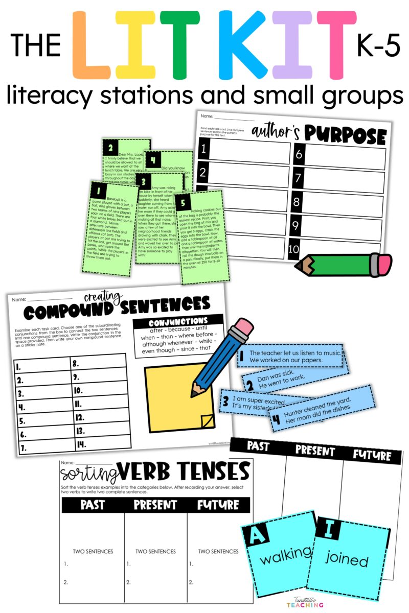 Lit Kit K–5 literacy station activities for author’s purpose, compound sentences, and verb tenses.