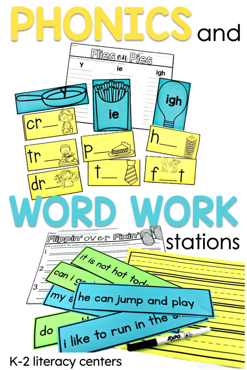 K–2 phonics and word-work stations with spelling patterns, missing-letter cards, and sentence-editing activities.