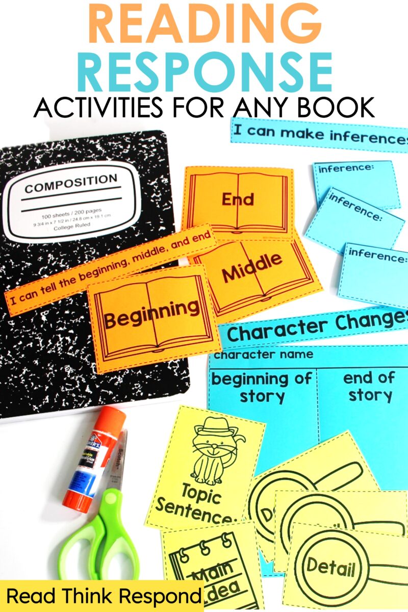 Reading-response activities for any book covering beginning, middle, end, inference, character, and main idea.