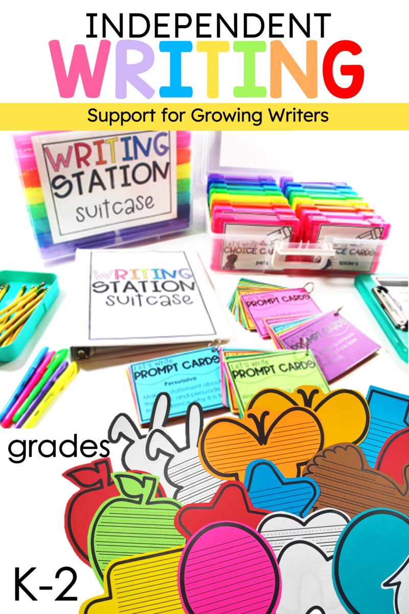 K–2 Writing Station Suitcase with colorful prompt cards, writing supplies, clipboards, and seasonal writing paper.